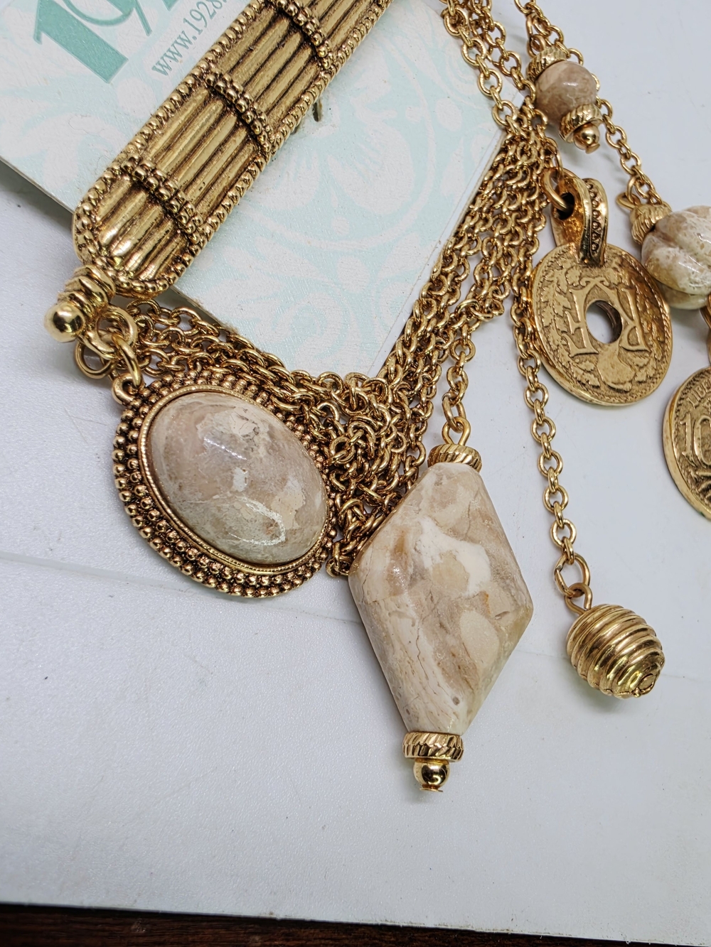 Vintage 1928 Victorian Revival Chatelaine Chain Coin Stone Charm Brooch New - Picture 3 of 4